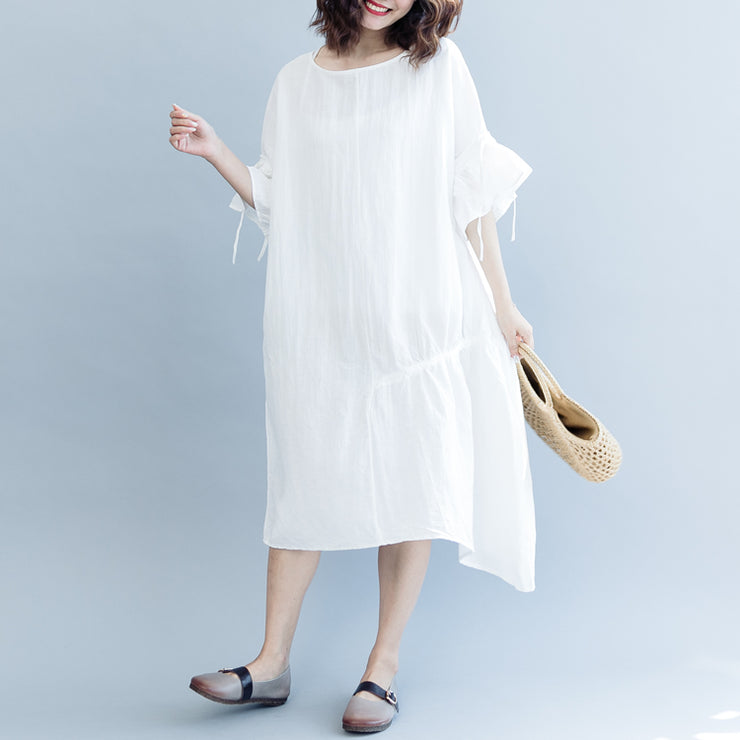 women white long cotton linen dress plus size O neck drawstring caftans fine Petal Sleeve baggy dresses