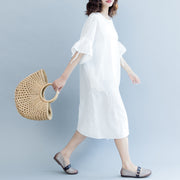 women white long cotton linen dress plus size O neck drawstring caftans fine Petal Sleeve baggy dresses