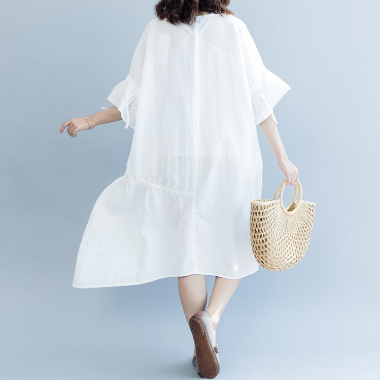 women white long cotton linen dress plus size O neck drawstring caftans fine Petal Sleeve baggy dresses