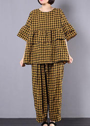 yellow plaid cotton linen patchwork ruffles tops and women wide leg pants two pieces - SooLinen