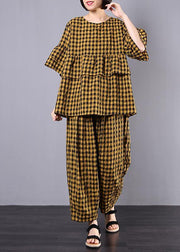 yellow plaid cotton linen patchwork ruffles tops and women wide leg pants two pieces - SooLinen