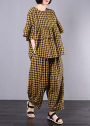 yellow plaid cotton linen patchwork ruffles tops and women wide leg pants two pieces - SooLinen