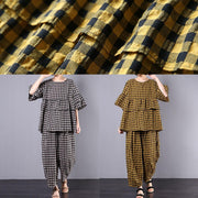 yellow plaid cotton linen patchwork ruffles tops and women wide leg pants two pieces - SooLinen